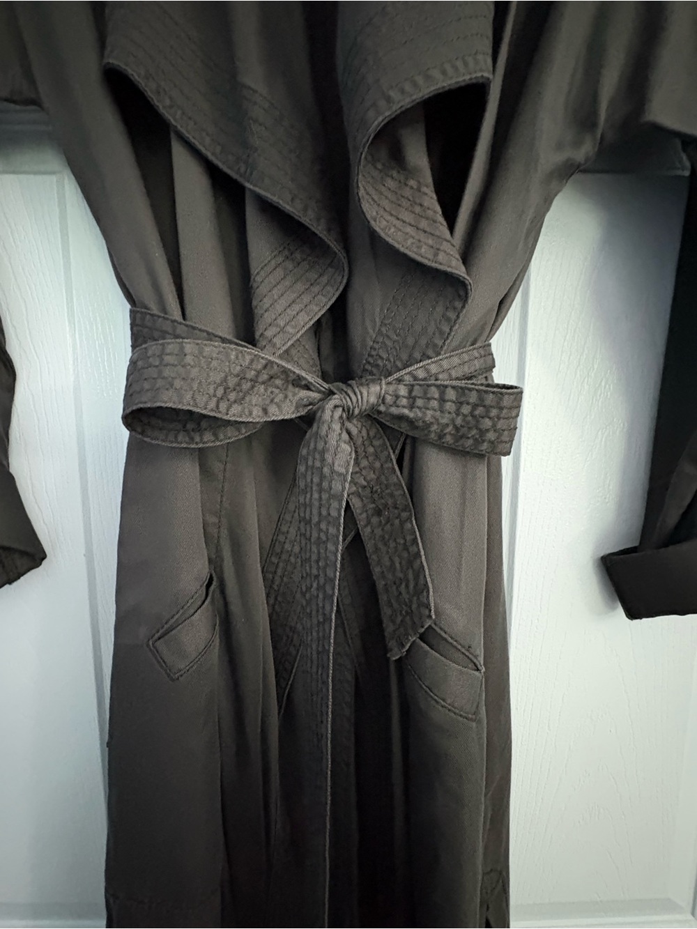 Anthropologie HeiHei Long Dark Gray Trench Coat w Tie & Waterfall Drape S